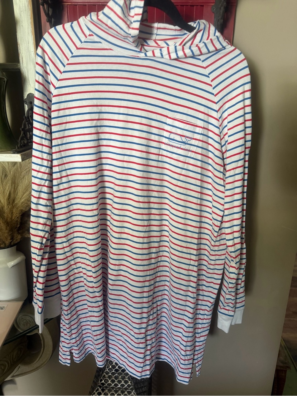 Striped Hooded Long Sleeve cover up - White with Red & Blue Stripes